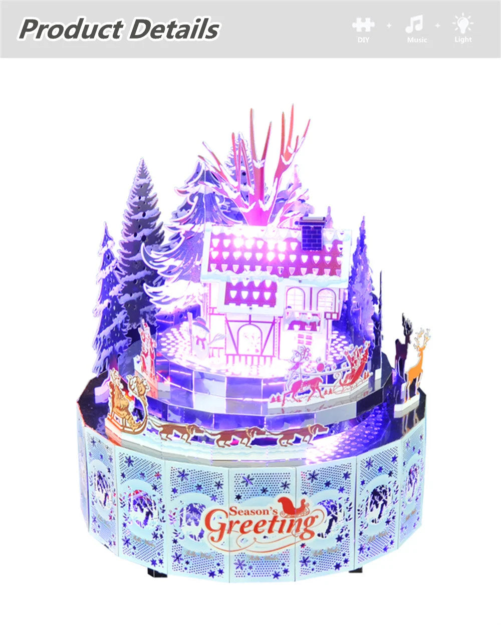 Microworld-rompecabezas de Metal 3D con tema de invierno, caja de música giratoria, Kits de modelos, rompecabezas DIY