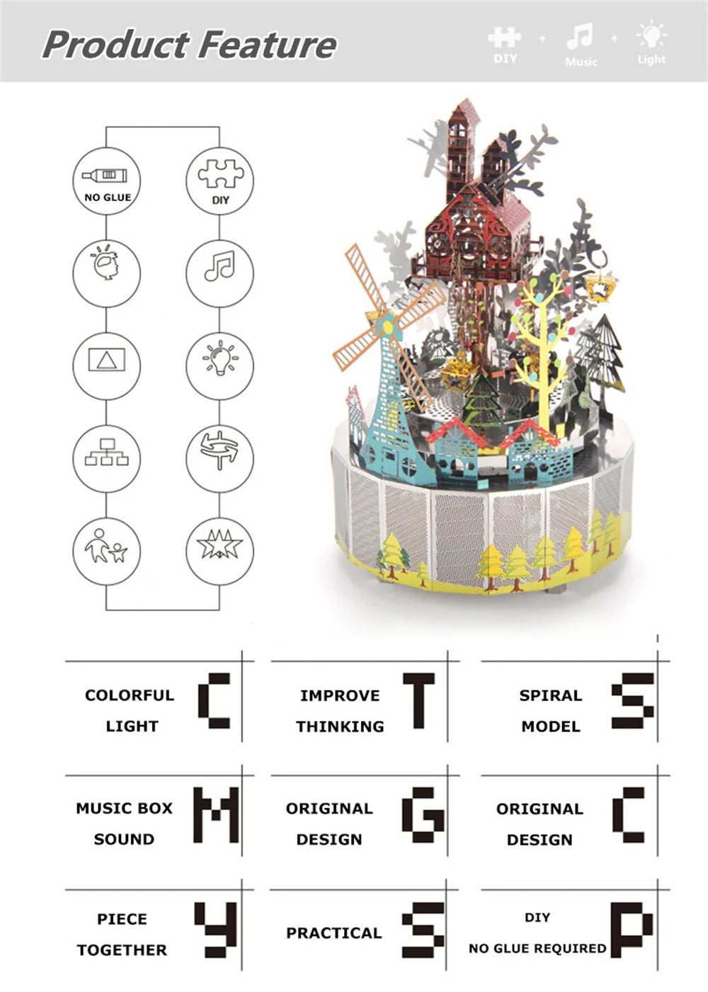 Microworld-rompecabezas de Metal 3D con tema de bosque, caja de música giratoria, modelo DIY con Kits de luces LED