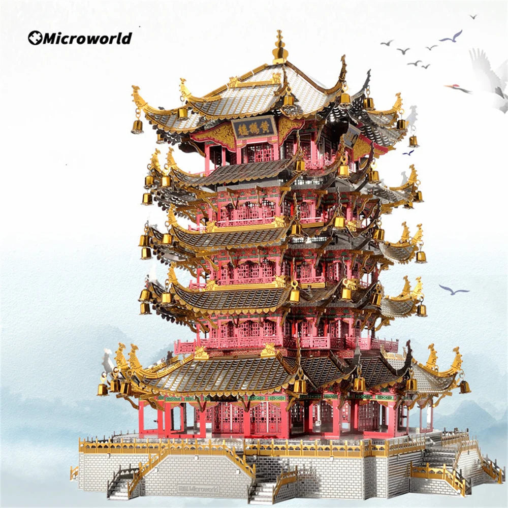 Microworld-rompecabezas de Metal 3D, edificio clásico chino, torre de grulla amarilla