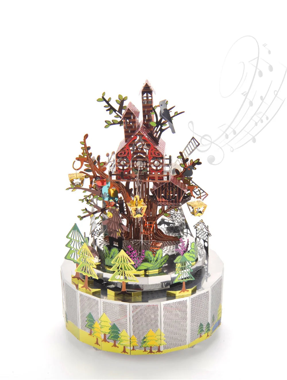 Microworld-rompecabezas de Metal 3D con tema de bosque, caja de música giratoria, modelo DIY con Kits de luces LED