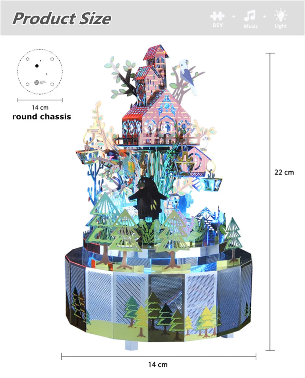 Microworld-rompecabezas de Metal 3D con tema de bosque, caja de música giratoria, modelo DIY con Kits de luces LED