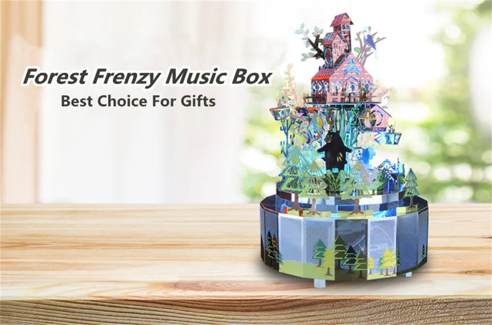 Microworld-rompecabezas de Metal 3D con tema de bosque, caja de música giratoria, modelo DIY con Kits de luces LED