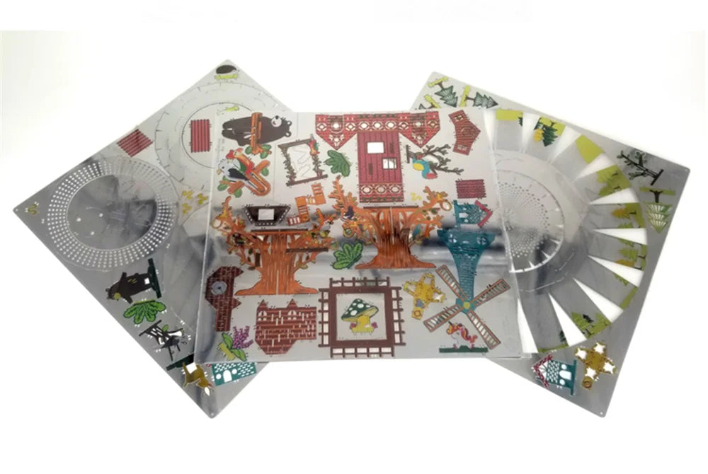 Microworld-rompecabezas de Metal 3D con tema de bosque, caja de música giratoria, modelo DIY con Kits de luces LED