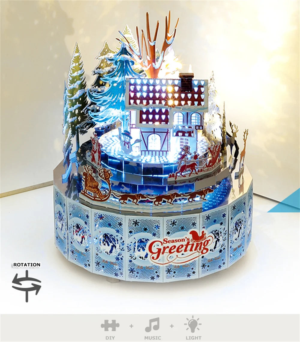 Microworld-rompecabezas de Metal 3D con tema de invierno, caja de música giratoria, Kits de modelos, rompecabezas DIY