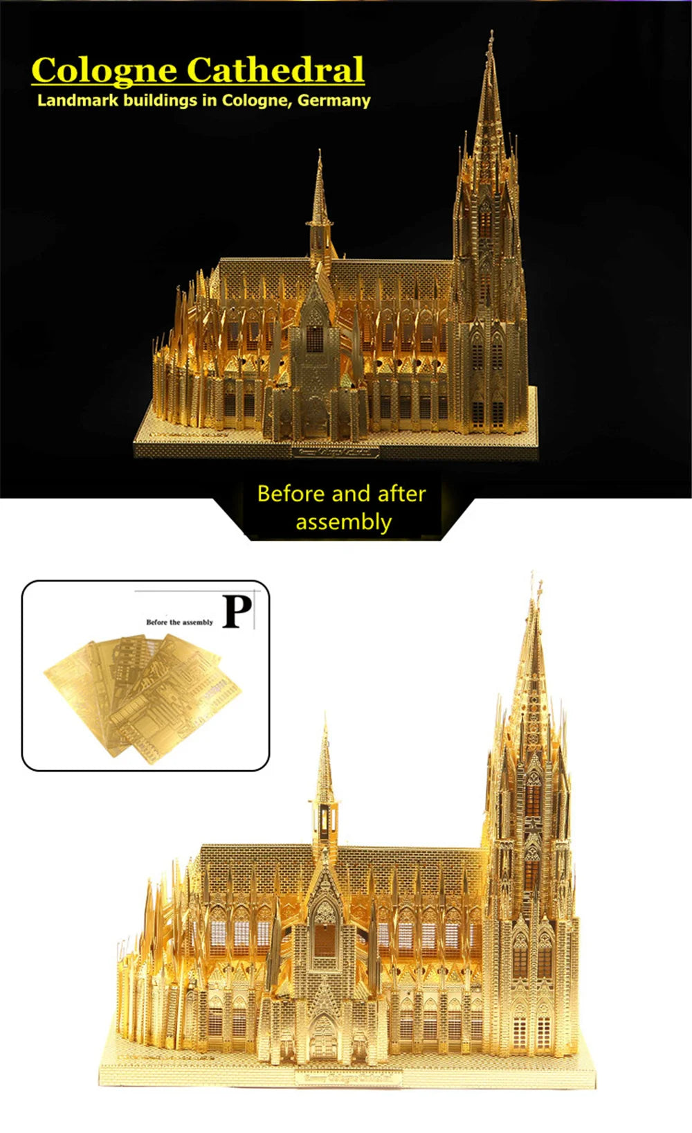 Microworld-rompecabezas de Metal de construcción 3D, Kits de modelos de edificios de catedral de Colonia