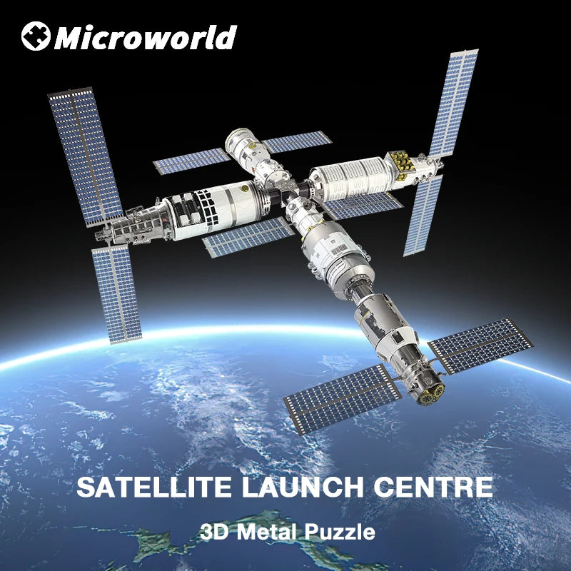 Microworld-juegos de rompecabezas de estilo de Metal 3D, centro de lanzamiento satelital chino