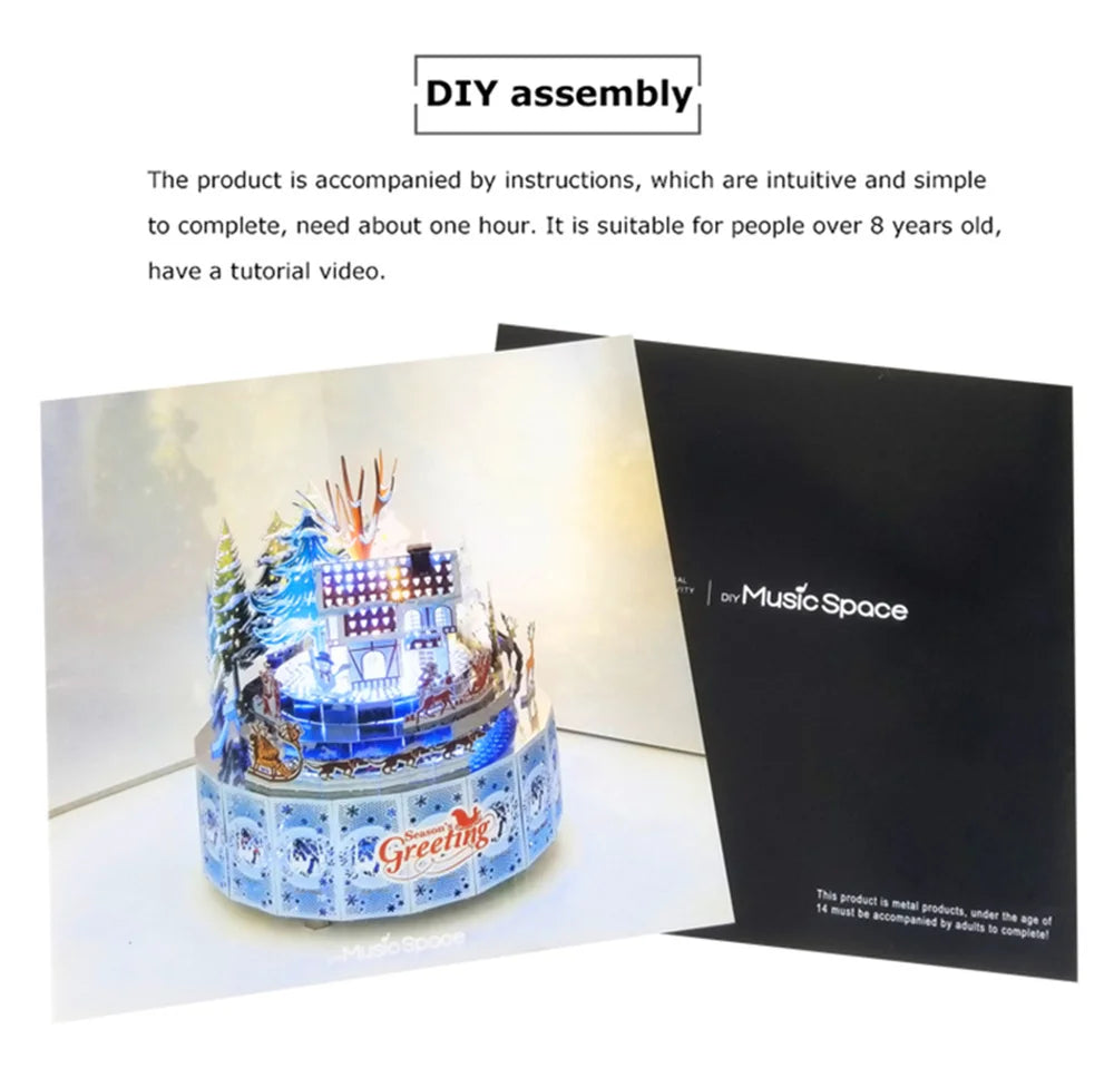 Microworld-rompecabezas de Metal 3D con tema de invierno, caja de música giratoria, Kits de modelos, rompecabezas DIY