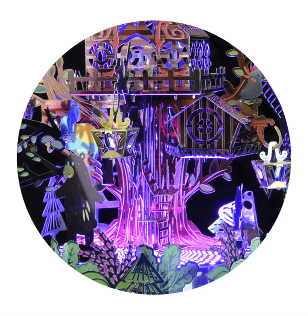 Microworld-rompecabezas de Metal 3D con tema de bosque, caja de música giratoria, modelo DIY con Kits de luces LED