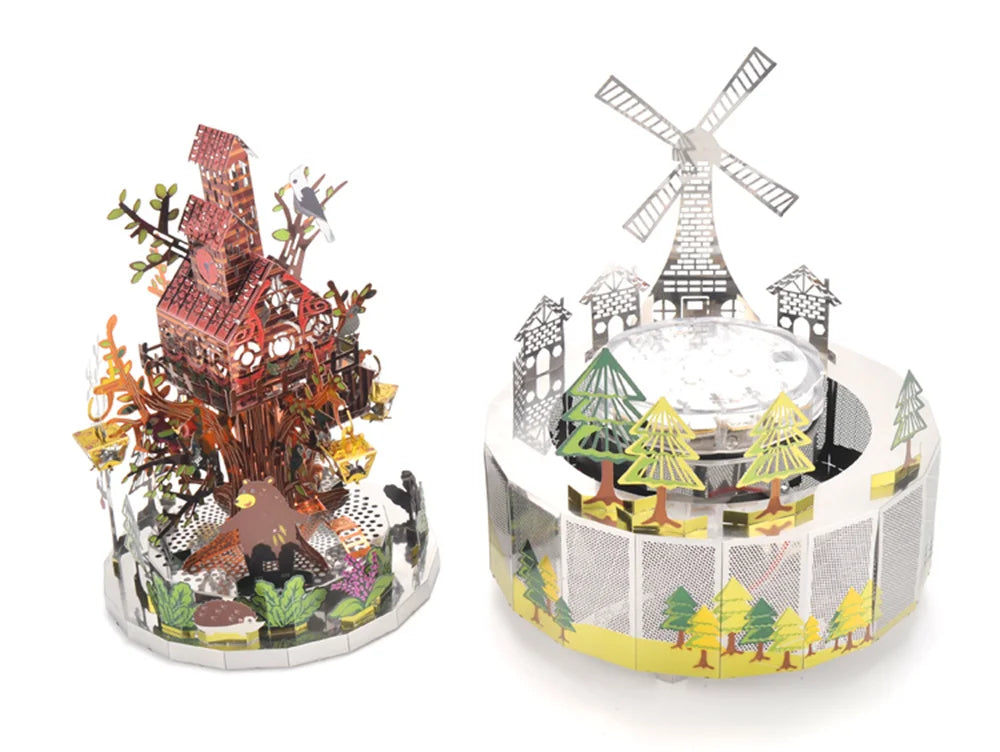 Microworld-rompecabezas de Metal 3D con tema de bosque, caja de música giratoria, modelo DIY con Kits de luces LED