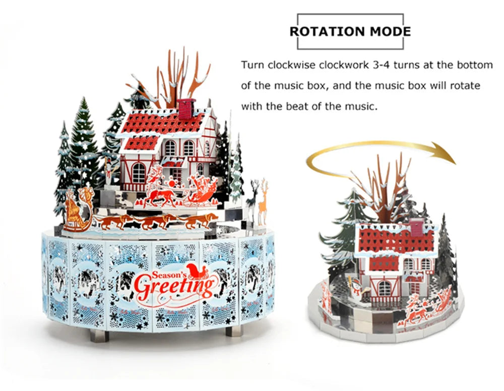 Microworld-rompecabezas de Metal 3D con tema de invierno, caja de música giratoria, Kits de modelos, rompecabezas DIY