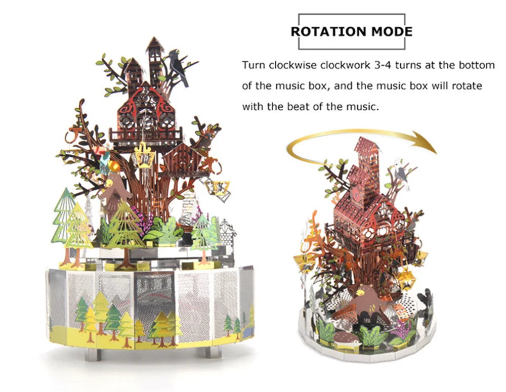 Microworld-rompecabezas de Metal 3D con tema de bosque, caja de música giratoria, modelo DIY con Kits de luces LED