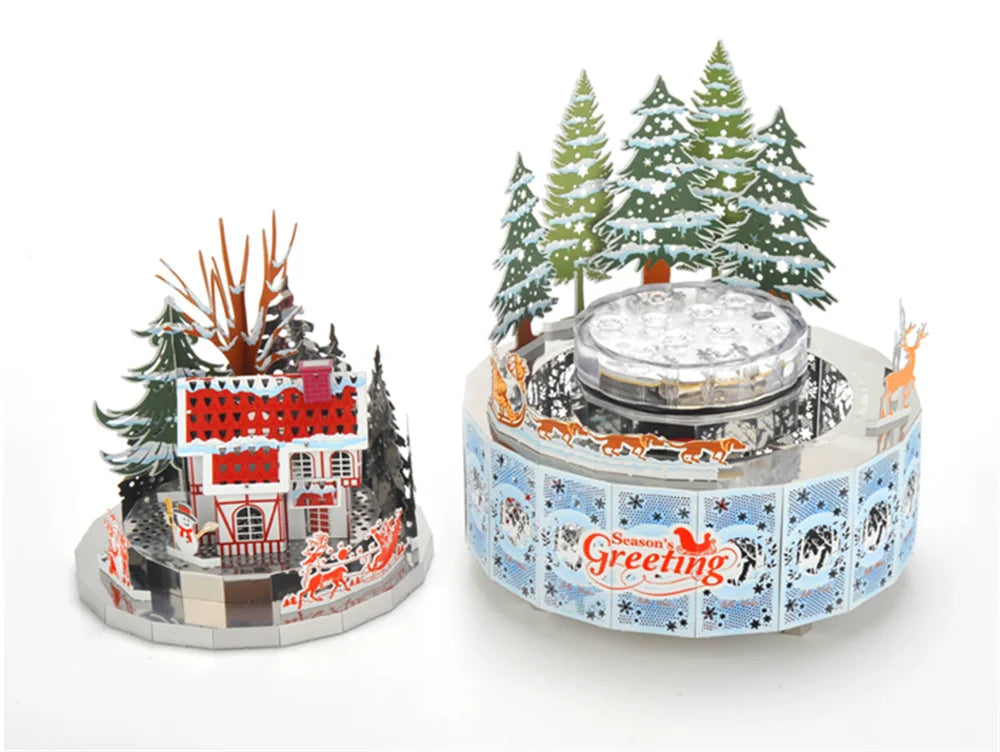 Microworld-rompecabezas de Metal 3D con tema de invierno, caja de música giratoria, Kits de modelos, rompecabezas DIY