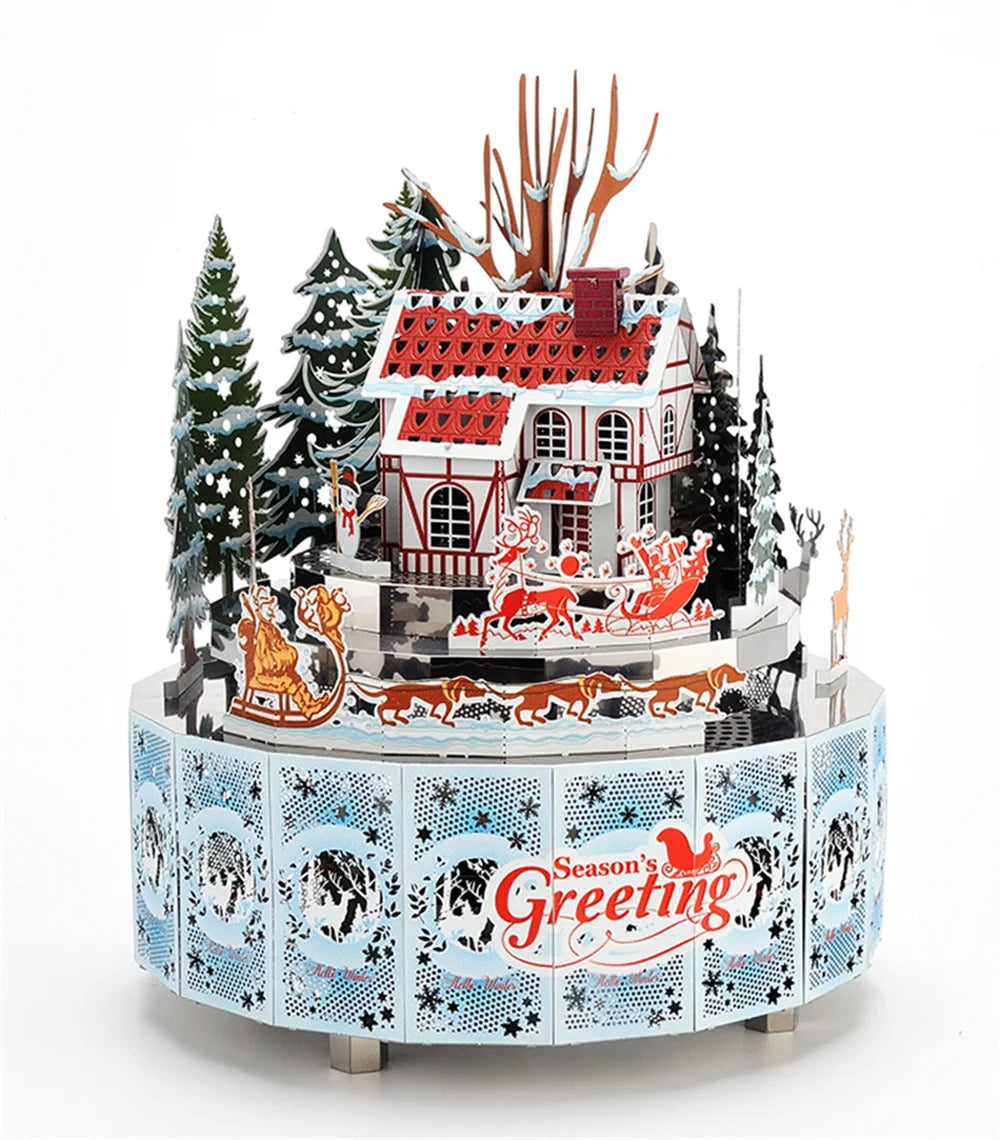 Microworld-rompecabezas de Metal 3D con tema de invierno, caja de música giratoria, Kits de modelos, rompecabezas DIY