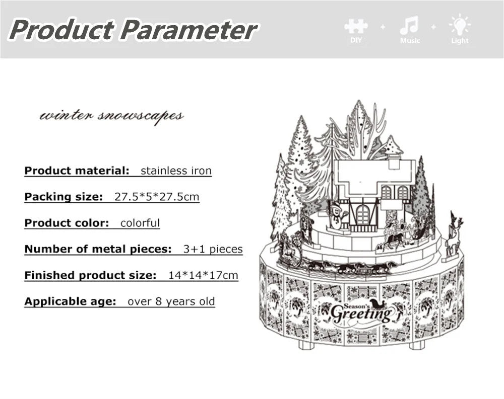Microworld-rompecabezas de Metal 3D con tema de invierno, caja de música giratoria, Kits de modelos, rompecabezas DIY