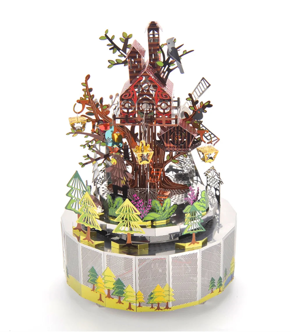 Microworld-rompecabezas de Metal 3D con tema de bosque, caja de música giratoria, modelo DIY con Kits de luces LED