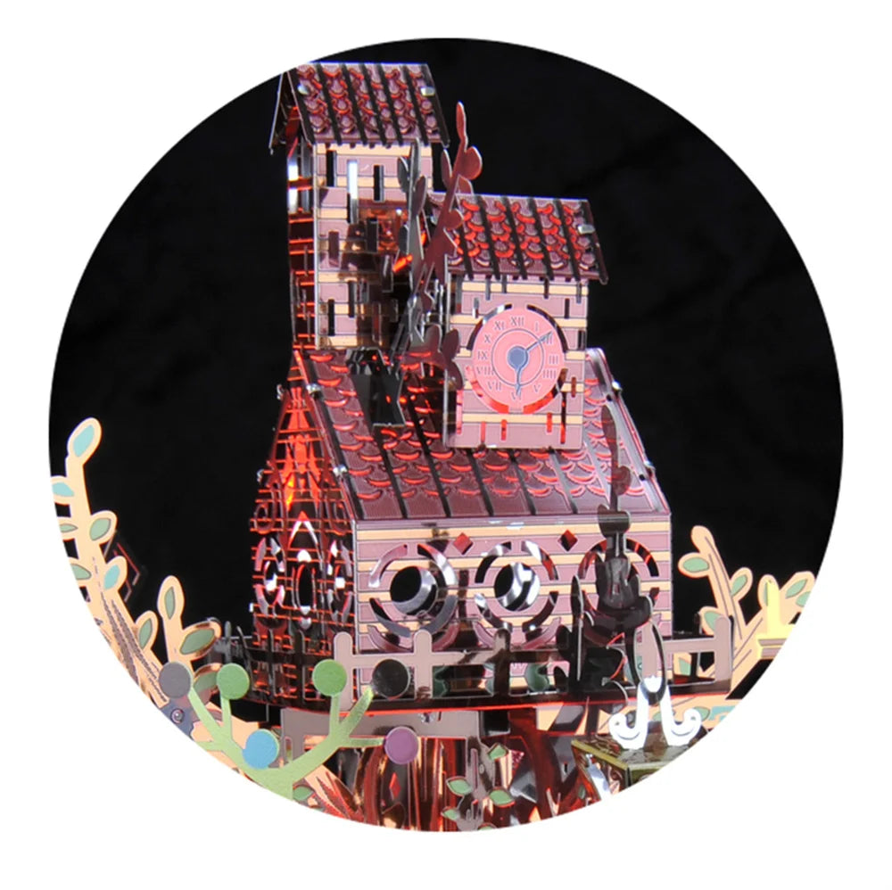 Microworld-rompecabezas de Metal 3D con tema de bosque, caja de música giratoria, modelo DIY con Kits de luces LED