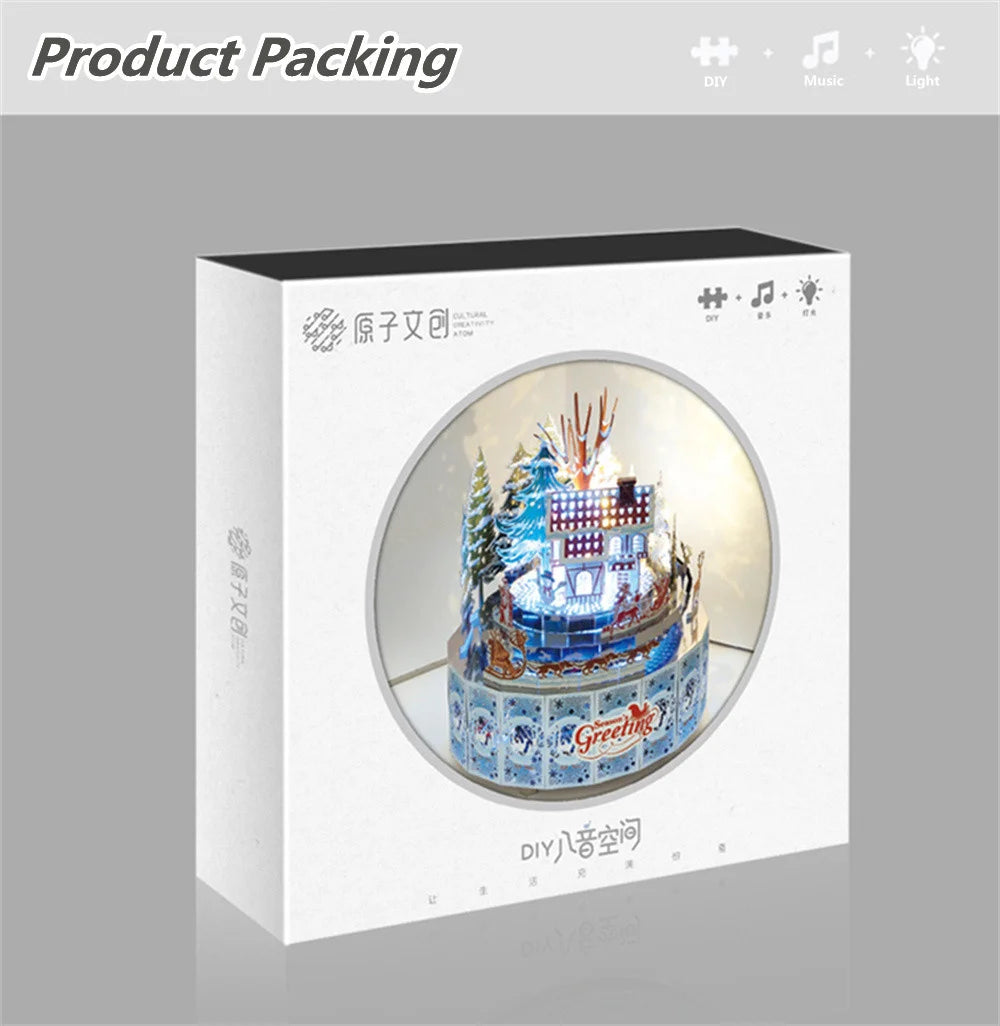 Microworld-rompecabezas de Metal 3D con tema de invierno, caja de música giratoria, Kits de modelos, rompecabezas DIY