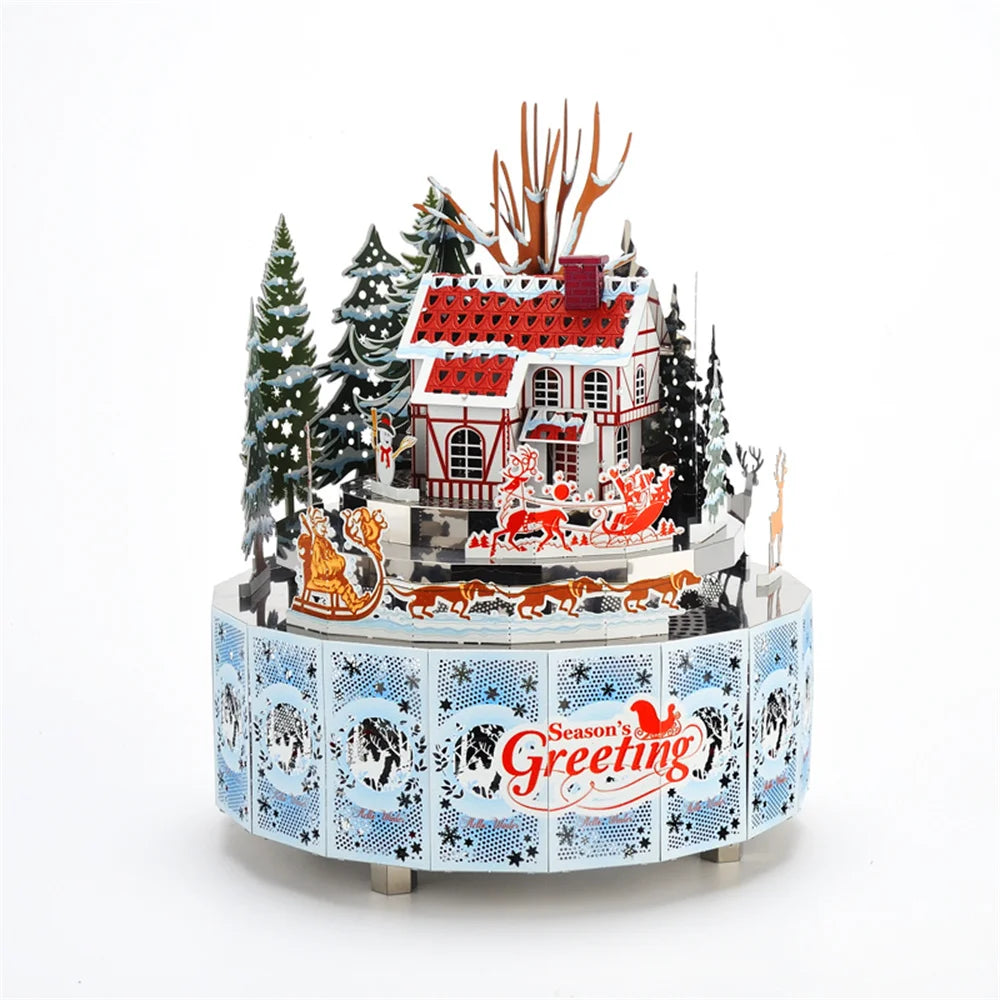 Microworld-rompecabezas de Metal 3D con tema de invierno, caja de música giratoria, Kits de modelos, rompecabezas DIY