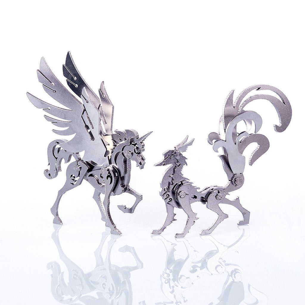 Pack 4 Figuras Metal 3D — Unicornio Lobo León Zorro