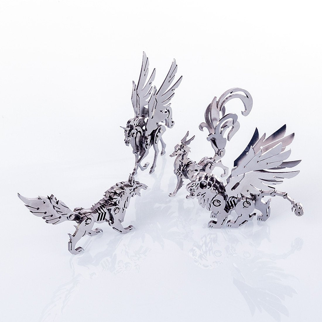 Pack 4 Figuras Metal 3D — Unicornio Lobo León Zorro